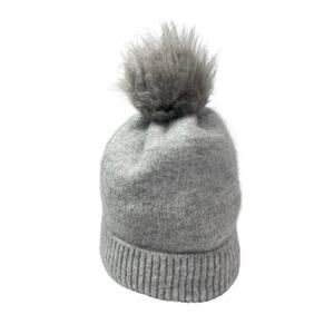 Joy Susan Women's Gray Knit Fleece Lined Ribbed Cuffed Pom Pom Beanie Hat OS